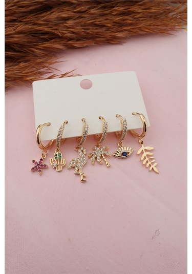 Kadın Altın Kaplama Zirkon Taş Işleme Çiçekli 6 Lı Küpe Seti Altın-M