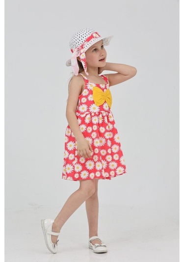 Papatya Baskılı Askılı Şapkalı Elbise Fuşya