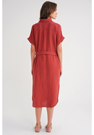 4720 Kadın Pile Detaylı Bağlamalı V Yaka Müslin Elbise Kiremit Kiremit