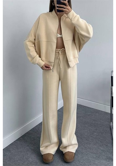 Neşeli Butik Kadın Penye 3 İplik Şardonlu Kumaş Eşofman Takım Gts022 - Bej Bej