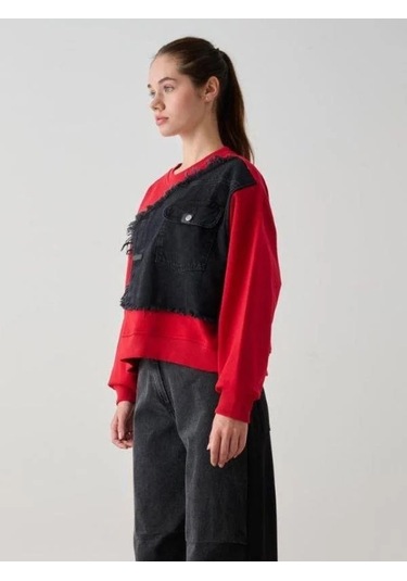 Kız Çocuk Mevsimlik Önü Denim Garni Cepli 3 İplik Sweatshirt-14773 Kırmızı