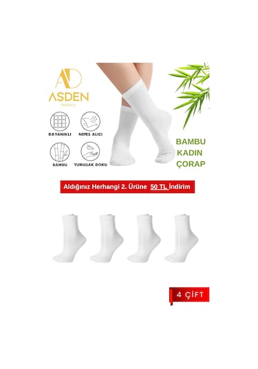 Asden Bambu Kadın Soket Çorap Siyah 4'lü, Yıkamalı, Burun Dikişsiz 4 Çift Beyaz