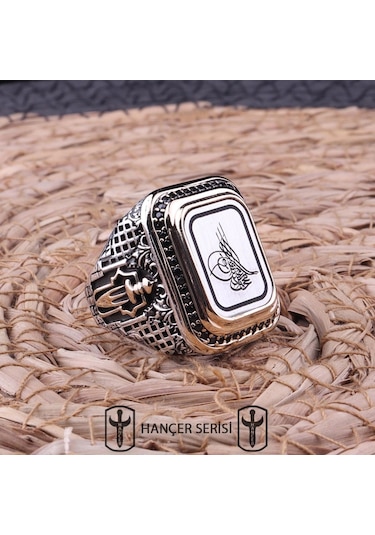 İpek Silver 925 Ayar Gümüş Iı. Abdülhamid Osmanlı Tuğrası Desenli Erkek Yüzük Apy172