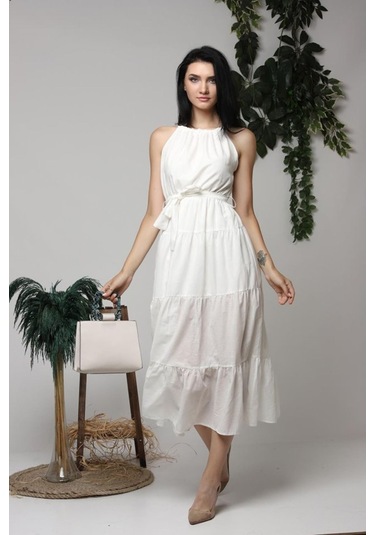 Ekru Halter Yakalı Kuşaklı Elbise Ekru