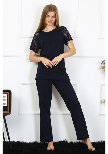 Akbeniz Kadın Kolu Dantelli Penye Pijama Takım 4150 - S Lacivert