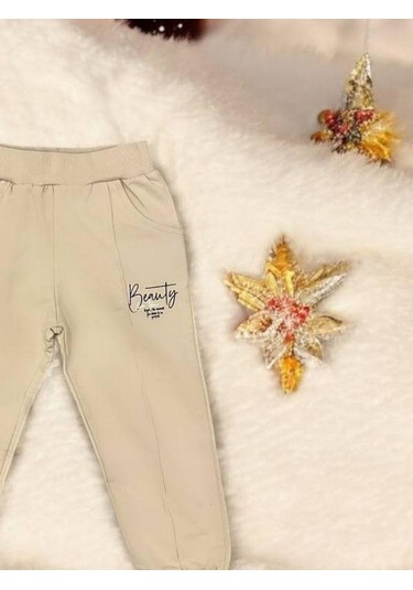 Kız Çocuk Pamuklu Beli Paçası Lastikli Eşofman Alt-15145 Bej