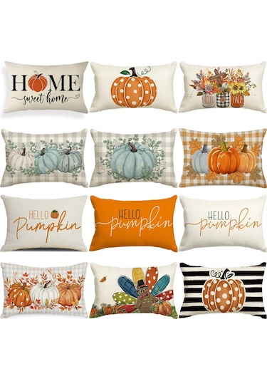 Reedark Kışlık Balkabağı Akçaağaç Yaprak Desenli 2'li Yastık Kılıfı, Teşekkür Günü Dekorasyonu, Kumaş Minder, Otomobil Koltuk Yastığı Mavi