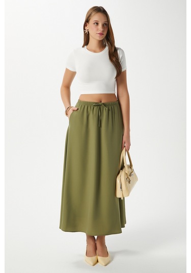 Kadın Seaside Haki Astarlı Bel Lastikli Cepli Dokuma Uzun Etek Haki