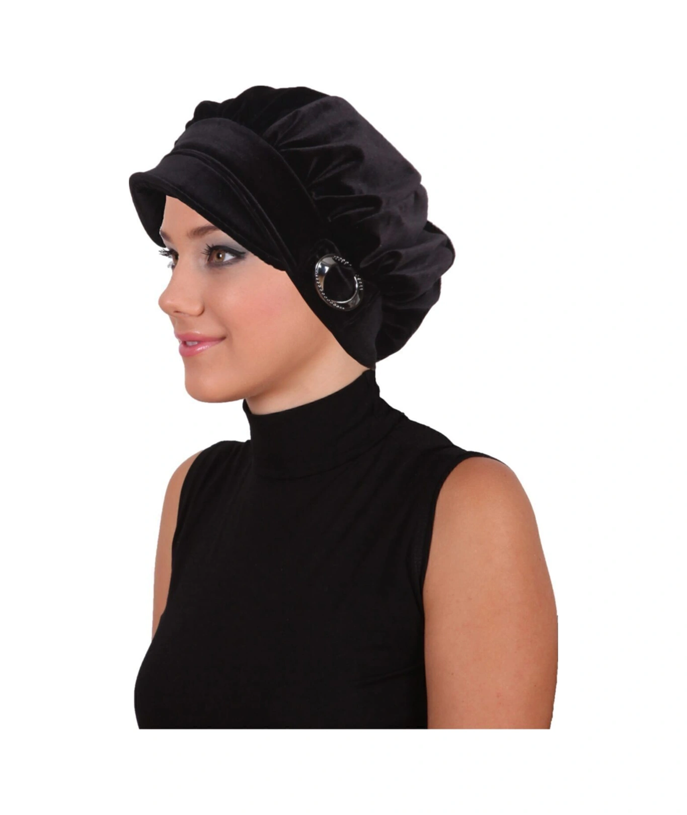 Kadife Şapka Toka Detaylı Siyah Hazır Türban Tesettür Bone Siyah