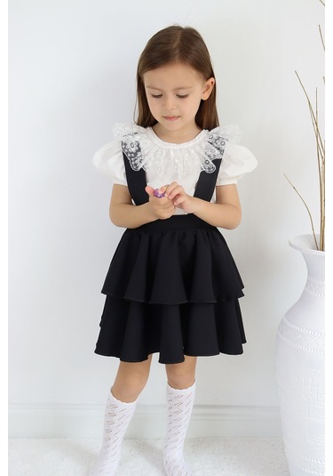 Kız Çocuk Helen Siyah Askılı Kat Kat Bağlama Jile Elbise Dantel Detay Ekru Kısa Kollu Bluz Takım