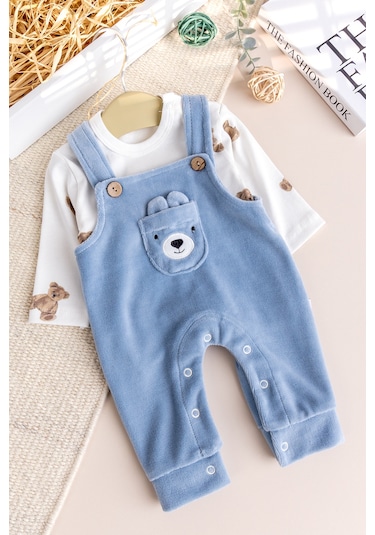Fiğürlü Kışlık Kadife Erkek Bebek Salopet Tulum Set mavi