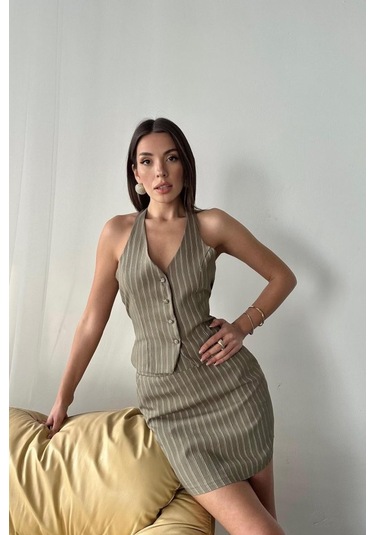 Haki Çizgili Yelek Ve Etek Takım Haki