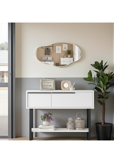 Robin Home Antre Hol Salon Aynalı Dresuar Kapaklı Metal Ayaklı No1 Beyaz Beyaz