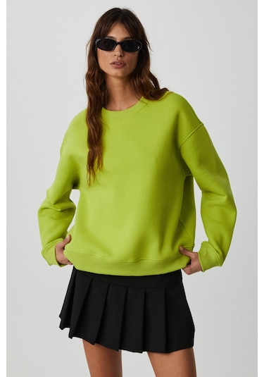 VANELTINA Kadın İçi Polarlı 3 İplik Organik Pamuk Oversize Basic Bisiklet Yaka Fıstık Yeşili Sweatsh