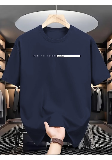 Unisex Face The Future Baskılı Oversize Tshirt Lacivert