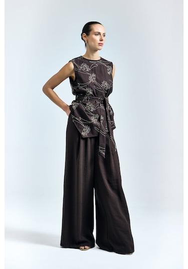 Sateen Dina Pantolon - Koyu Kahve-137349 Koyu Kahverengi