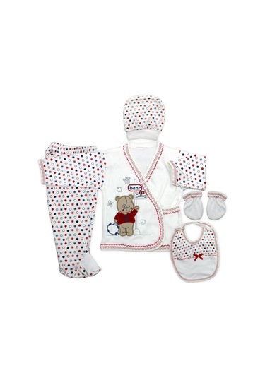 Bombinoo Kırmızı Kırmızı Puanlı Şapkalı Ayıcıklı Yenidoğan Bebek 5 Li Hastane Çıkışı Seti K2273 Kırmızı