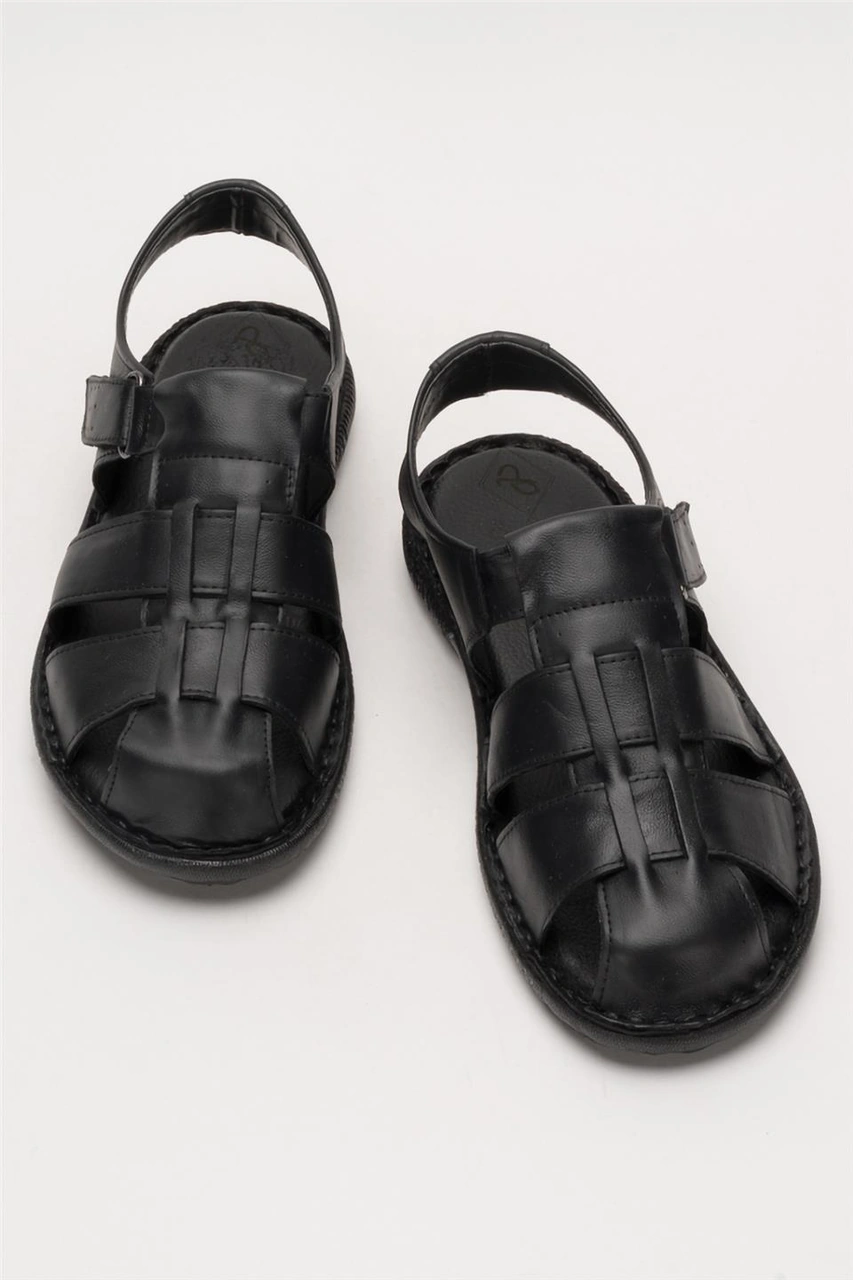 Erkek Hakiki Deri Yazlık Hafif Günlük Ayakkabı Sandalet Siyah Siyah