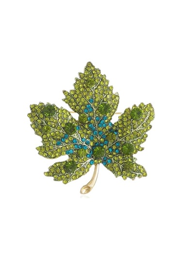Kadınlar İçin Premium Akçaağaç Yaprağı Broşu Yapay Elmas Kristal Yeşil