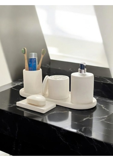 Mermer Desen Kırık Beyaz Beton Banyo Aksesuar Seti,tepsi,katı Ve Sıvı Sabunluk,pamukluk Beyaz