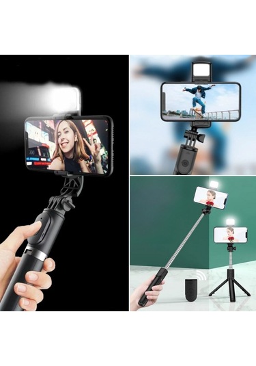 Buffer Kendiliğinden Işıklı Masaüstü Tripod Olabilen Telefon Tutuculu Kablosuz Kumandalı Selfie Çubuğu Çok Renkli