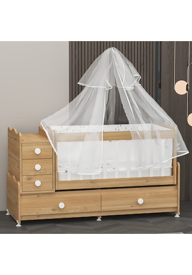 Garaj Home Melina Mdf Çıtalı Beşik + Yatak + Uyku Seti - Meşe Beyaz