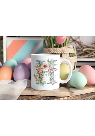 H Harfi Çiçekli Kupa Bardak - Soft Renk Çiçek Ve Kelebek Desenli Zarif Kahve Kupası - Bohem Beyaz