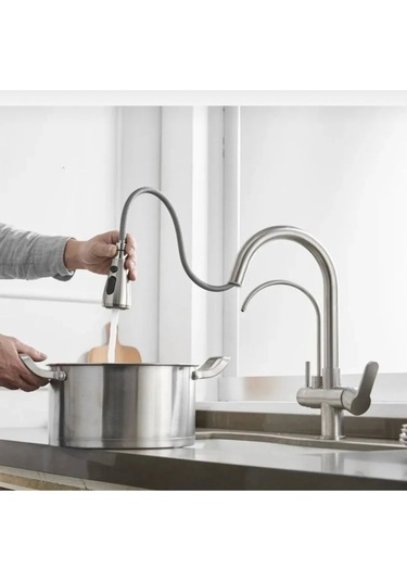 İsaoğlu Yapı Mat Krom Mutfak Bataryası Arıtıcılı Spiralli Armatür Tazzik Ve Spreyleme Mod Batarya Krom