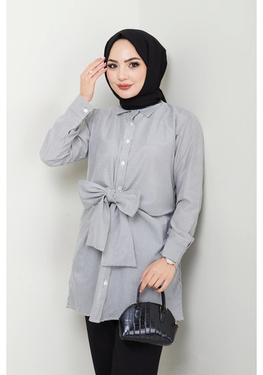 Çizgili Poplin Bağlamalı Gömlek - Siyah / Ü103 Siyah