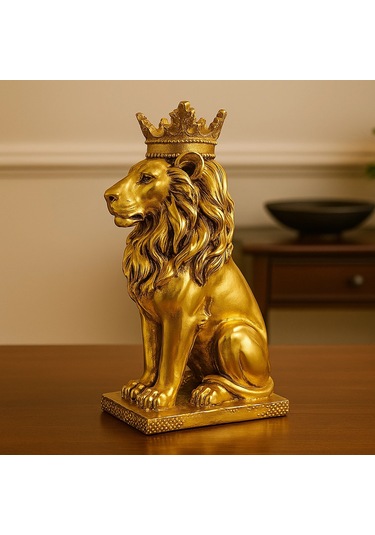 Taçlı Oturan Aslan Figürü Polyester 34x14