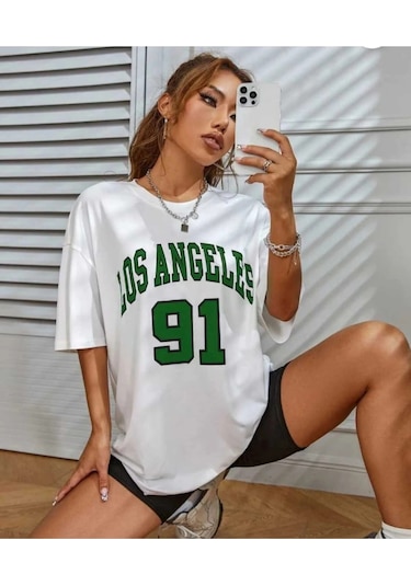 Bigümex Los Angeles Baskılı Oversize Kalıp Unisex T-shirt Beyaz