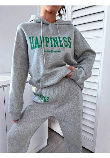 Meilifeng Kadın Gri Happiness Alt Üst Eşofman Takımı Oversize Kapüşonlu Gri