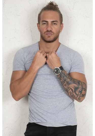 Deepsea Gri Dar Kesim Erkek Tişört 1801165-Gri