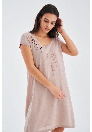 Peraluna Yazlık Boncuk Işlemeli Ince Elbise Bej Bej
