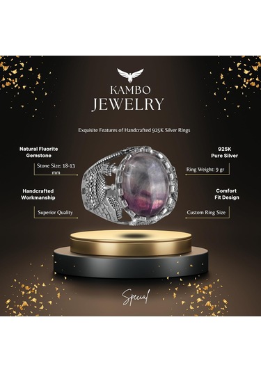 Gerçek Doğal Florit Taş Yüzük, Dini Gümüş Yüzük, 925 Ayar Gümüş Yüzük Erkekler İçin Gümüş