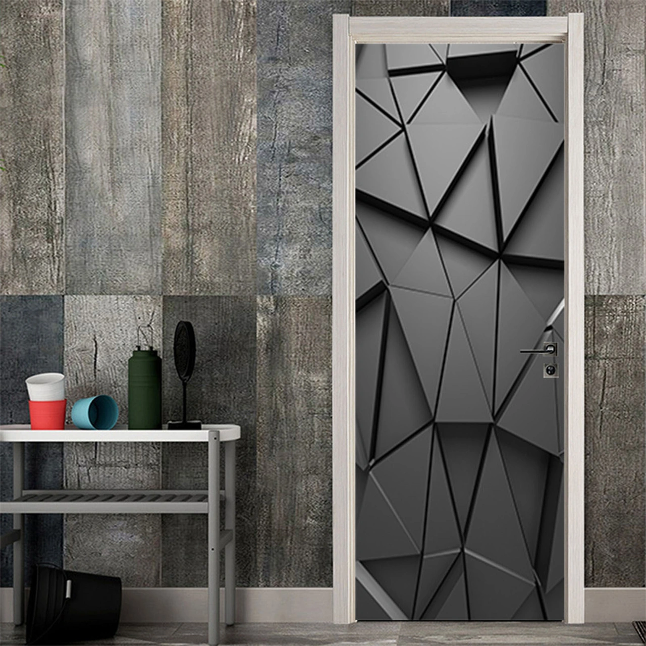 Youmex Geometrik Çokgen Siyah 3d Kapı Sticker, Ev Dekorasyonu Duvar Ve Kapı Dekoru, 44x200cm 2 Adet, Sp-f068 M, Kolay Kullanım, Dayanıklı Malzeme Çok Renkli