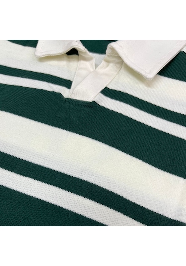 Fazra Erkek Polo Yaka Çizgili Triko Kazak 20251 Koyu Yeşil