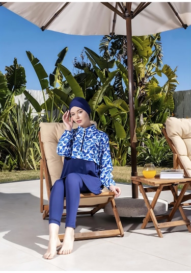 Mayom Tam Kapalı Crop Model Mavi Desenli Tesettür Mayo - 2525 Lacivert-mavi