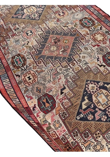 El Dokuma İran Şahseven Kilimi 113x190 Kırmızı Kök Boya %100 Yün Kilim Renkli