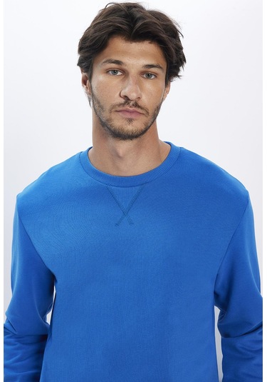 Unisex Relax Fit Rahat Kesim %100 Pamuk Basic Saks Mavi Bisiklet Yaka Sweatshirt-31743-saks Mavi Saks Mavi