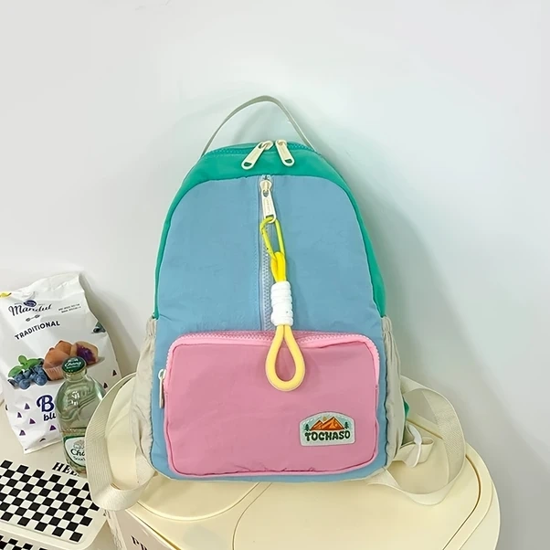 Elmpaly Mavi Pembe Renk Blok Nylon Sırt Çantası Ayarlanabilir Askılar Hafif Günlük Yıkanabilir Mavi Pembe