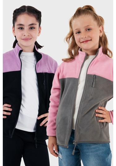 Lela Yumuşak Dokulu Fermuarlı Renk Bloklu Dik Yaka Cepli 2'Li Paket Hırka Çocuk Polar 5905001S2 Lila Siyah-Şeker Pembe Gri