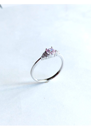 Gümüş Özel Pembe Tek Taş Çiçek Tasarım Kadın Yüzük