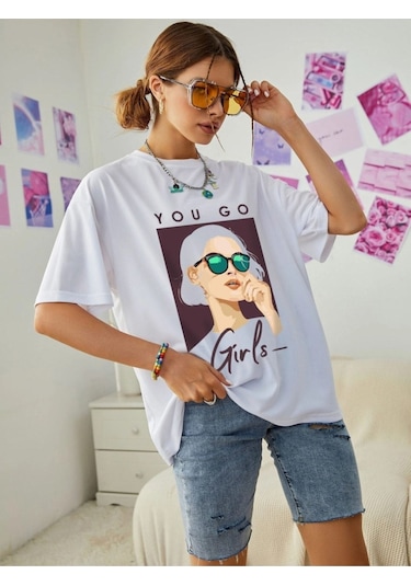 Kadın Beyaz Oversize You Go Baskılı T-shirt Beyaz-67199