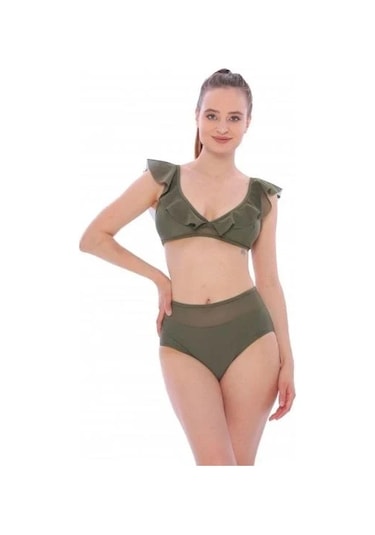 Markahit Argisa Düz Fırfırlı Yüksek Bel Yeni Bikini Haki