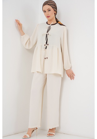 Kadın Önü Bağcıklı Tunik Pantolon İkili Takım 6744 - Ekru ekru Kadın Önü Bağcıklı Tunik Pantolon İkili Takım 6744 - Ekru ekru