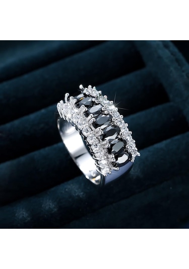 Gümüş Renk Markiz Kesim Siyah Taş Sonsuzluk Yüzüğü Gelin Nişan Yüzüğü Düğün Band Yıldönümü Hediyesi 8 Siyah