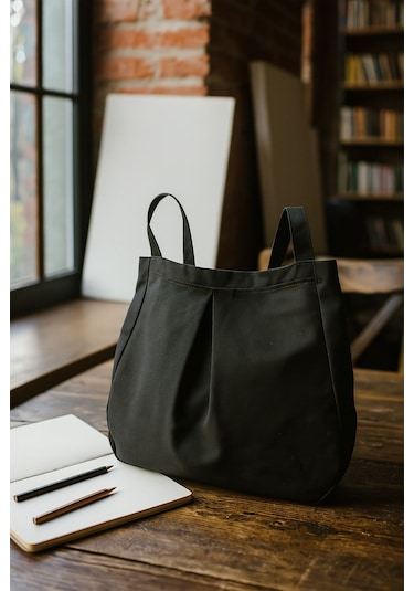 Siyah Çok Amaçlı Premium Oversize Düz Orta Boy Kanvas Kadın El Ve Omuz Çantası Siyah