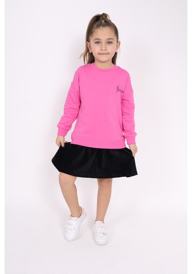 Toontoy Kız Çocuk Göğsü Yazı Baskılı Elbise Fuşya