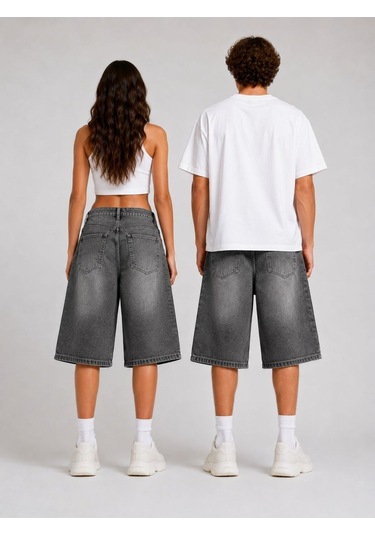 St.poll Eskitme Yıkama Unisex Baggy Denim Şort Füme